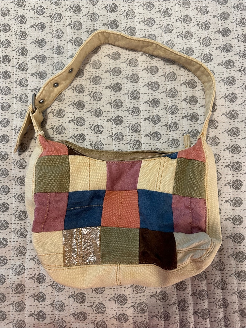 Patchwork Canvas Shoulder Bag in Neutral Multicolor